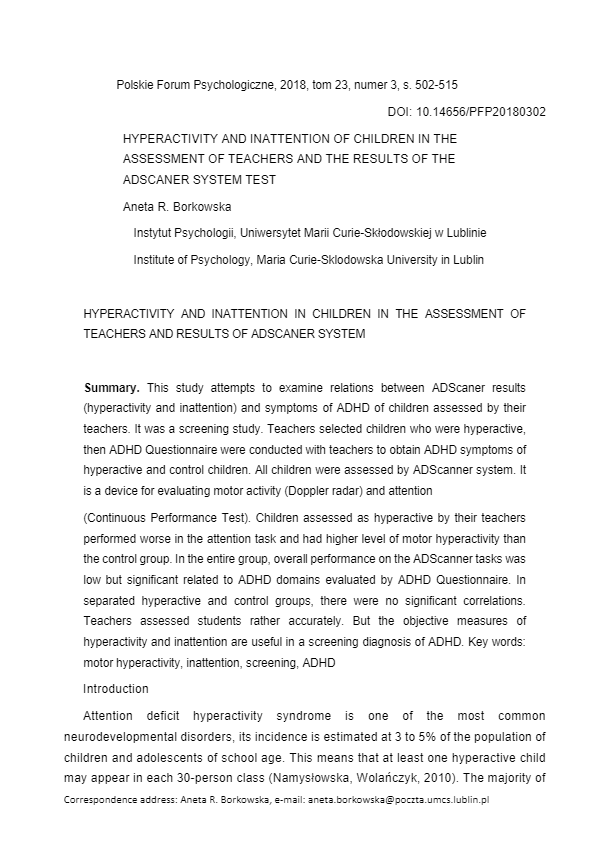 2Borkowska EN - HYPERACTIVITY AND INATTENTION OF CHILDREN IN THE ASSESSMENT OF TEACHERS AND THE RESULTS OF THE ADSCANER SYSTEM TEST