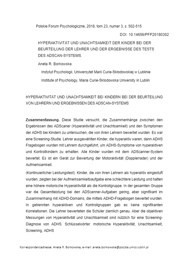 2Borkowska DE - HYPERAKTIVITÄT UND UNACHTSAMKEIT DER KINDER BEI DER BEURTEILUNG DER LEHRER UND DER ERGEBNISSE DES TESTS DES ADSCAN-SYSTEMS